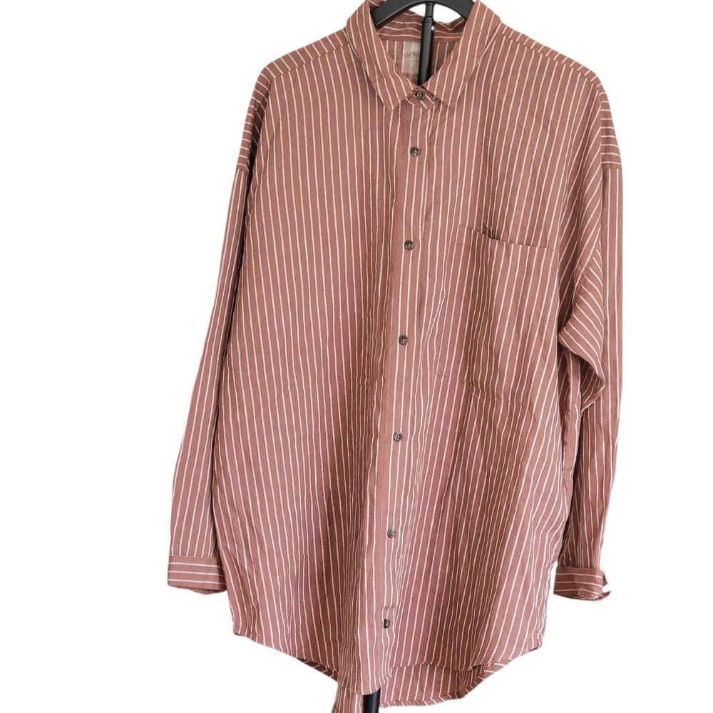 CALIA Womens Linen Blend Striped Button Down Shirt Size Large Terracotta Rust